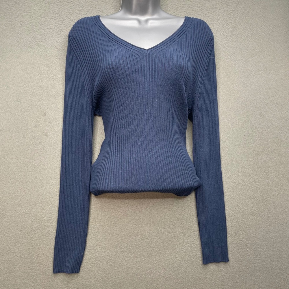 Pink Clover Women Sweater Blue Ribbed Viscose Blend XL Slim V-Neck Minimalist